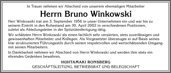 Traueranzeige von Bruno Winkowski von Allgäuer Zeitung, Marktoberdorf