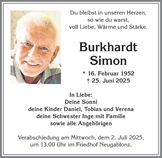 Traueranzeige von Burkhardt Simon von Allgäuer Zeitung, Kaufbeuren/Buchloe