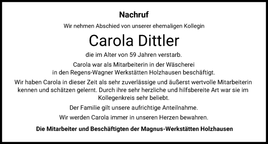 Traueranzeige von Carola Dittler von Allgäuer Zeitung, Kaufbeuren/Buchloe