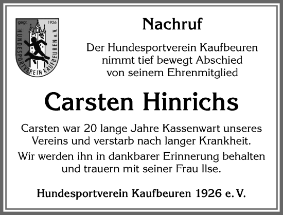 Traueranzeige von Carsten Hinrichs von Allgäuer Zeitung, Kaufbeuren/Buchloe