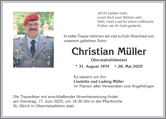 Traueranzeige von Christian Müller von Allgäuer Anzeigeblatt