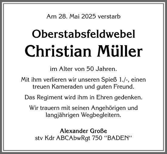 Traueranzeige von Christian Müller von Allgäuer Anzeigeblatt
