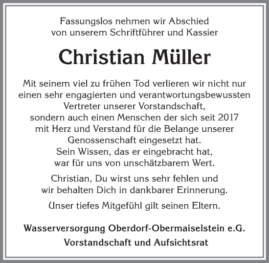 Traueranzeige von Christian Müller von Allgäuer Anzeigeblatt