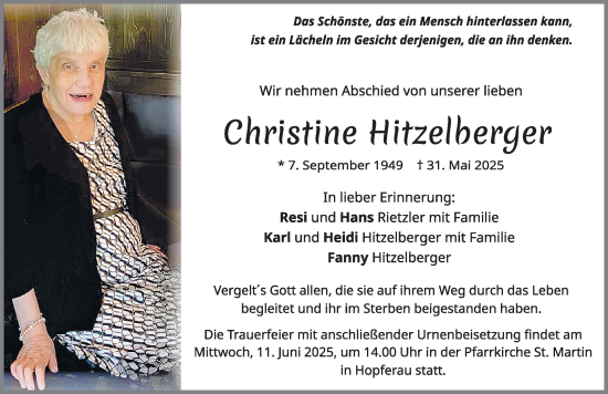 Traueranzeige von Christine Hitzelberger von Allgäuer Zeitung, Füssen