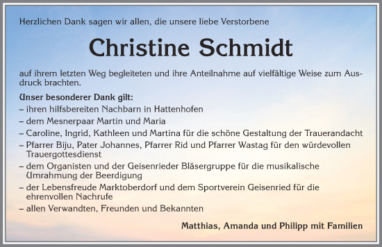 Traueranzeige von Christine Schmidt von Allgäuer Zeitung, Marktoberdorf