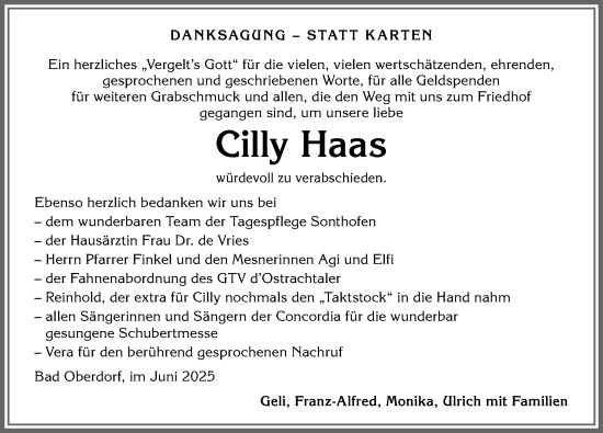 Traueranzeige von Cilly Haas von Allgäuer Anzeigeblatt