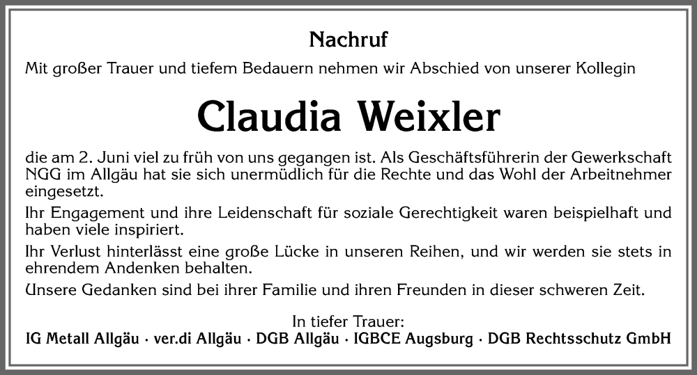  Traueranzeige für Claudia Weixler vom 21.06.2025 aus Allgäuer Zeitung,Kempten