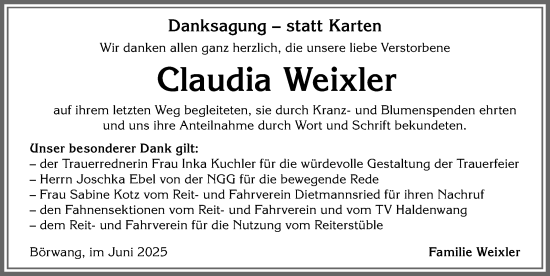 Traueranzeige von Claudia Weixler von Allgäuer Zeitung,Kempten
