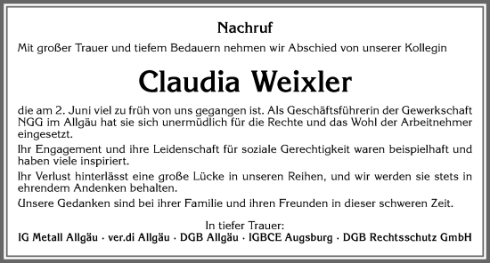 Traueranzeige von Claudia Weixler von Allgäuer Zeitung,Kempten