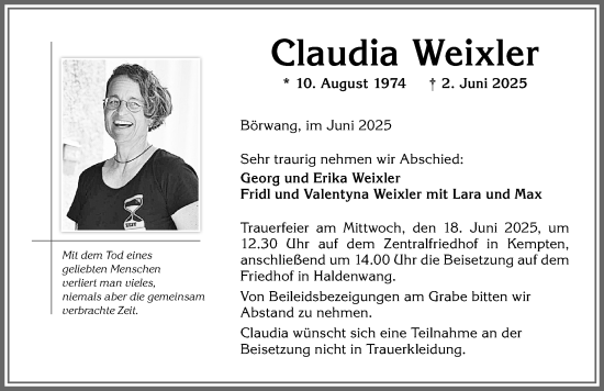 Traueranzeige von Claudia Weixler von Allgäuer Zeitung,Kempten