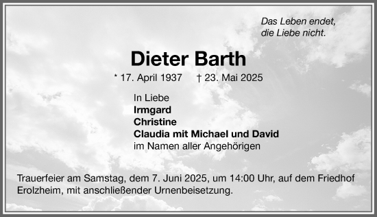 Traueranzeige von Dieter Barth von Memminger Zeitung