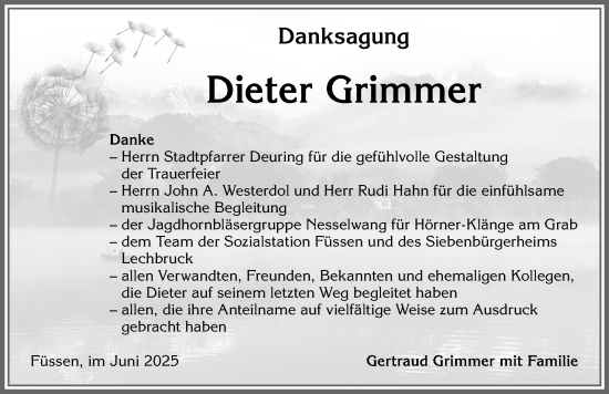Traueranzeige von Dieter Grimmer von Allgäuer Zeitung, Füssen