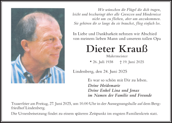 Traueranzeige von Dieter Krauß von Der Westallgäuer