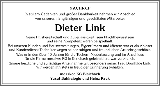 Traueranzeige von Dieter Link von Allgäuer Anzeigeblatt