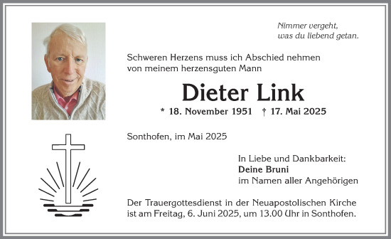 Traueranzeige von Dieter Link von Allgäuer Anzeigeblatt