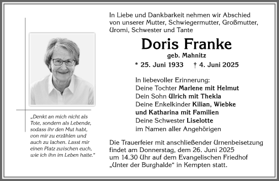 Traueranzeige von Doris Franke von Allgäuer Zeitung,Kempten