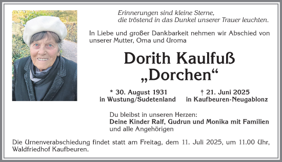Traueranzeige von Dorith Kaulfuß von Allgäuer Zeitung, Kaufbeuren/Buchloe