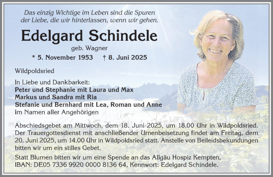 Traueranzeige von Edelgard Schindele von Allgäuer Zeitung,Kempten