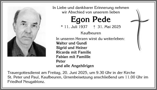 Traueranzeige von Egon Pede von Allgäuer Zeitung, Kaufbeuren/Buchloe