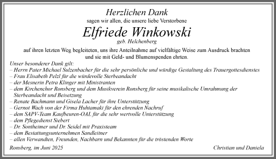 Traueranzeige von Elfriede Winkowski von Allgäuer Zeitung, Marktoberdorf