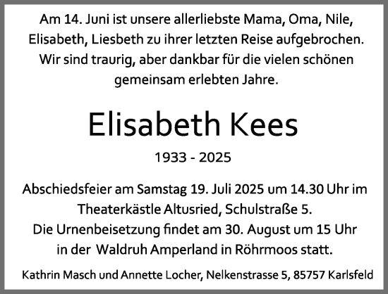 Traueranzeige von Elisabeth Kees von Allgäuer Zeitung,Kempten