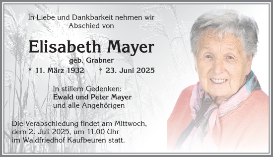 Traueranzeige von Elisabeth Mayer von Allgäuer Zeitung, Kaufbeuren/Buchloe