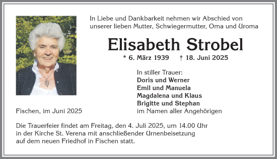 Traueranzeige von Elisabeth Strobel von Allgäuer Anzeigeblatt