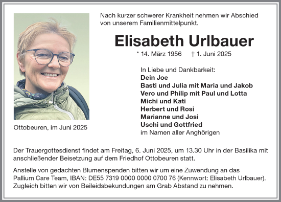 Traueranzeige von Elisabeth Urlbauer von Memminger Zeitung
