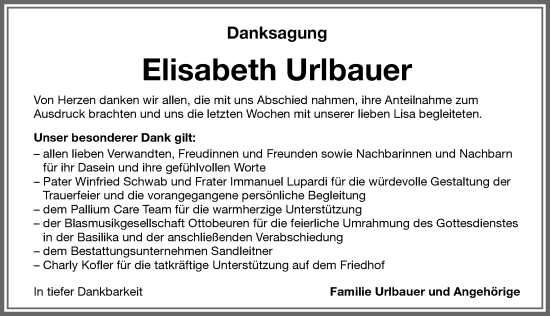 Traueranzeige von Elisabeth Urlbauer von Memminger Zeitung