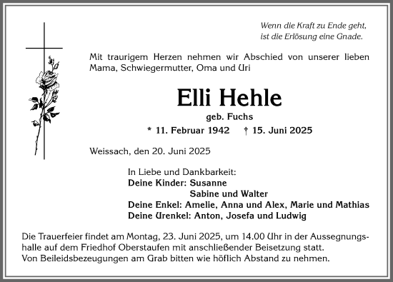 Traueranzeige von Elli Hehle von Allgäuer Anzeigeblatt