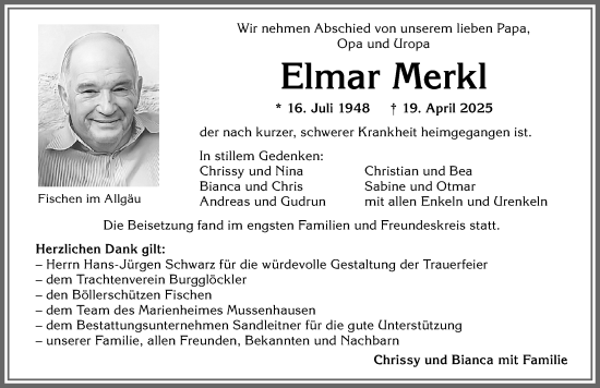 Traueranzeige von Elmar Merkl von Allgäuer Anzeigeblatt