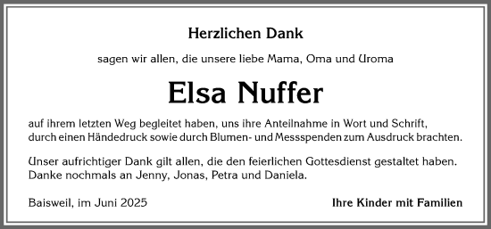 Traueranzeige von Elsa Nuffer von Allgäuer Zeitung, Kaufbeuren/Buchloe