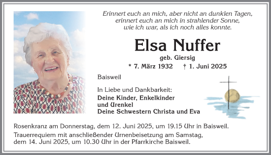 Traueranzeige von Elsa Nuffer von Allgäuer Zeitung, Kaufbeuren/Buchloe