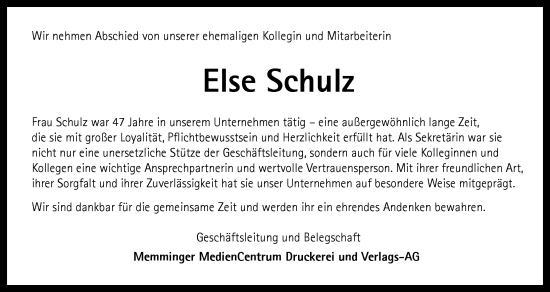 Traueranzeige von Else Schulz von Memminger Zeitung