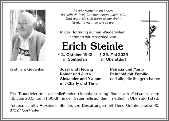Traueranzeige von Erich Steinle von Allgäuer Anzeigeblatt