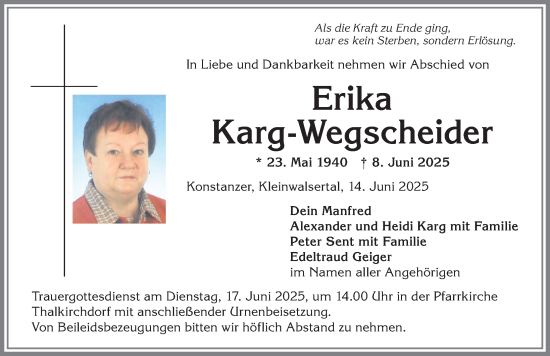 Traueranzeige von Erika Karg-Wegscheider von Allgäuer Anzeigeblatt