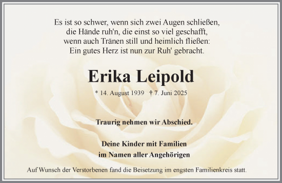 Traueranzeige von Erika Leipold von Allgäuer Anzeigeblatt