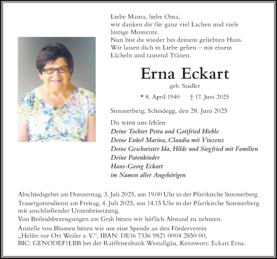 Traueranzeige von Erna Eckart von Der Westallgäuer