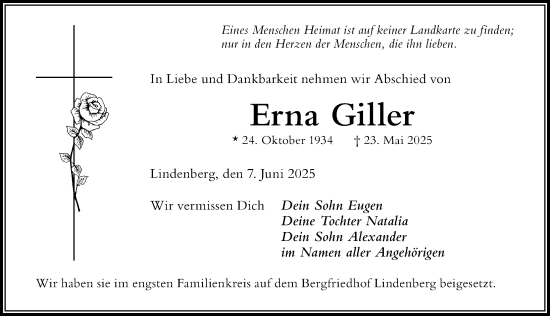 Traueranzeige von Erna Giller von Der Westallgäuer
