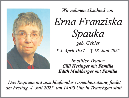 Traueranzeige von Erna Franziska Spauka von Allgäuer Zeitung, Füssen