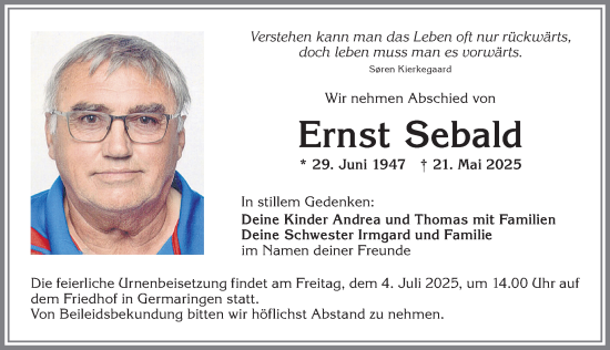 Traueranzeige von Ernst Sebald von Allgäuer Zeitung, Kaufbeuren/Buchloe