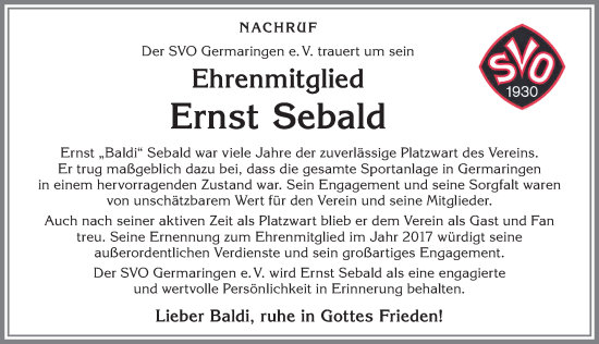Traueranzeige von Ernst Sebald von Allgäuer Zeitung, Kaufbeuren/Buchloe