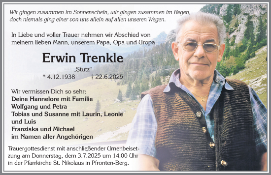 Traueranzeige von Erwin Trenkle von Allgäuer Zeitung, Füssen