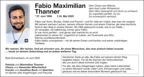 Traueranzeige von Fabio Maximilian Thanner von Memminger Zeitung