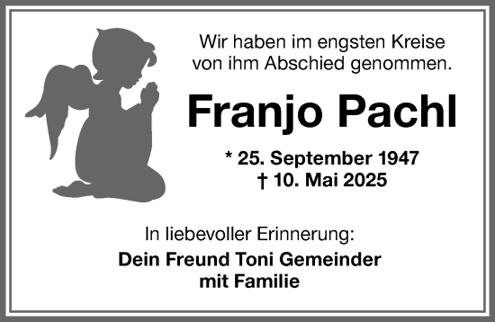 Traueranzeige von Franjo Pachl von Memminger Zeitung