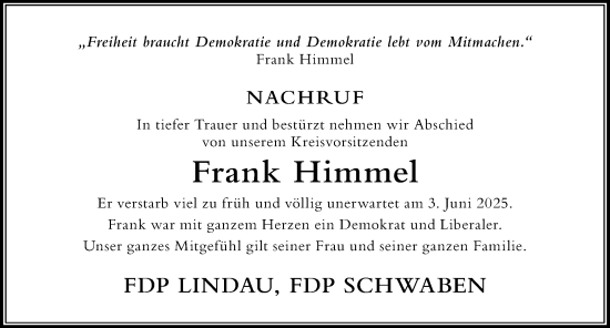 Traueranzeige von Frank Himmel von Der Westallgäuer