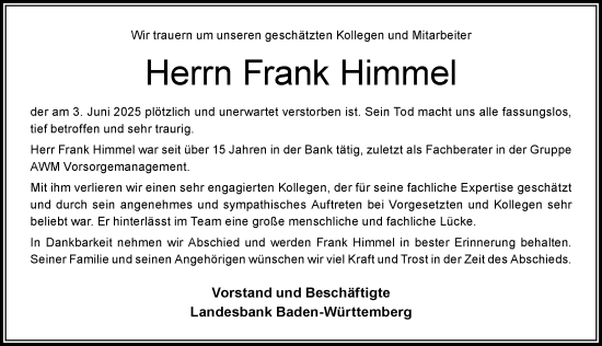 Traueranzeige von Frank Himmel von Der Westallgäuer