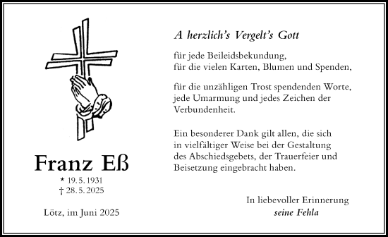 Traueranzeige von Franz Eß von Der Westallgäuer