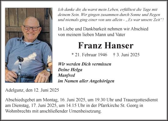 Traueranzeige von Franz Hanser von Der Westallgäuer