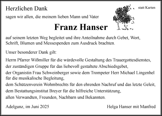 Traueranzeige von Franz Hanser von Der Westallgäuer